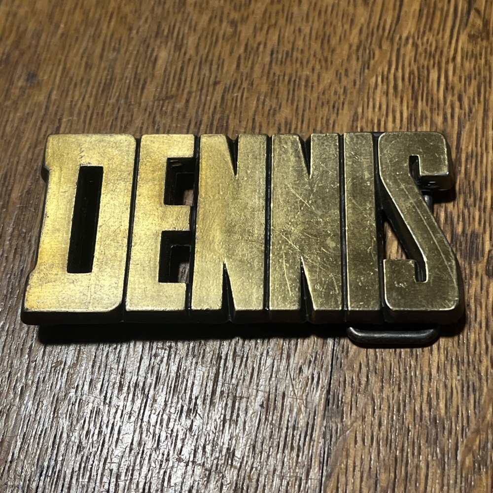 "Vintage Industrial "Dennis" Brass Nameplate Belt Buckle–Repurposed Hardware